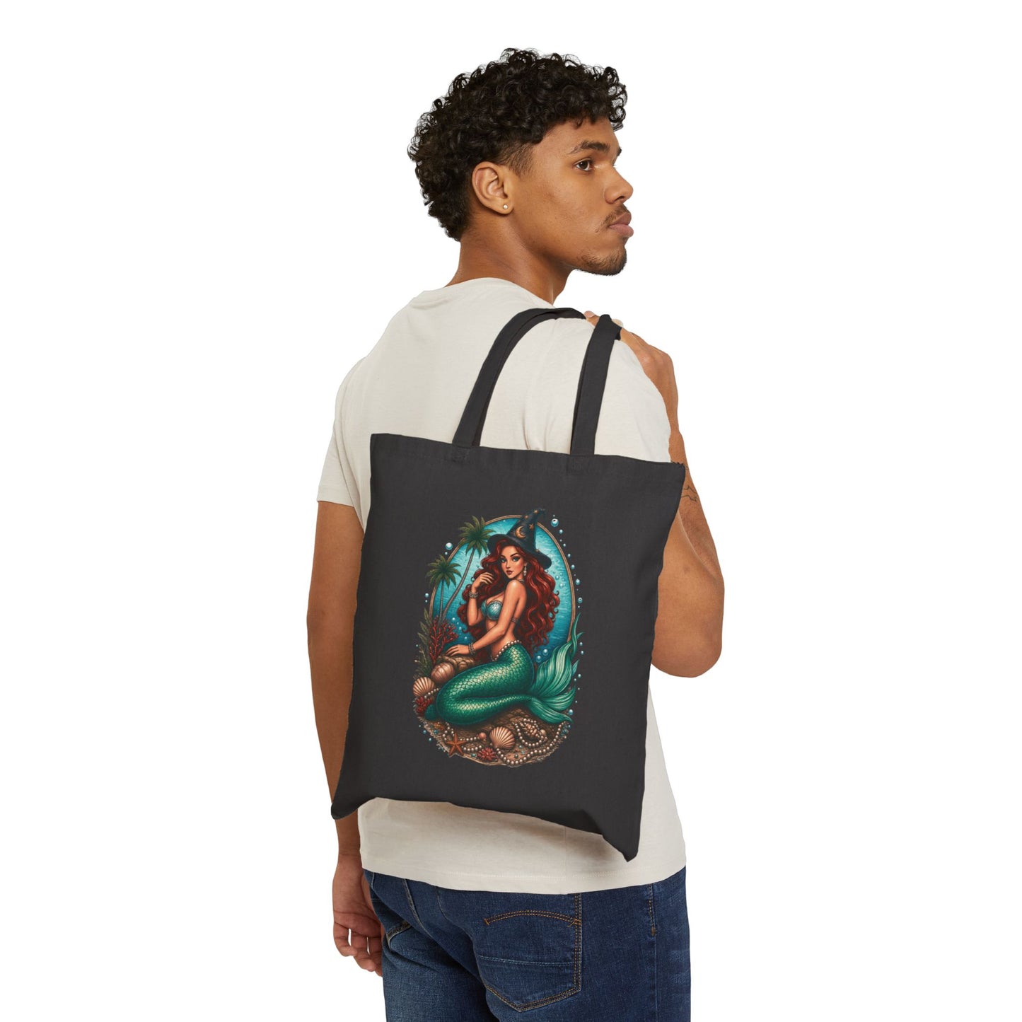 Halloween Mermaid Witch Black Cotton Tote Bag