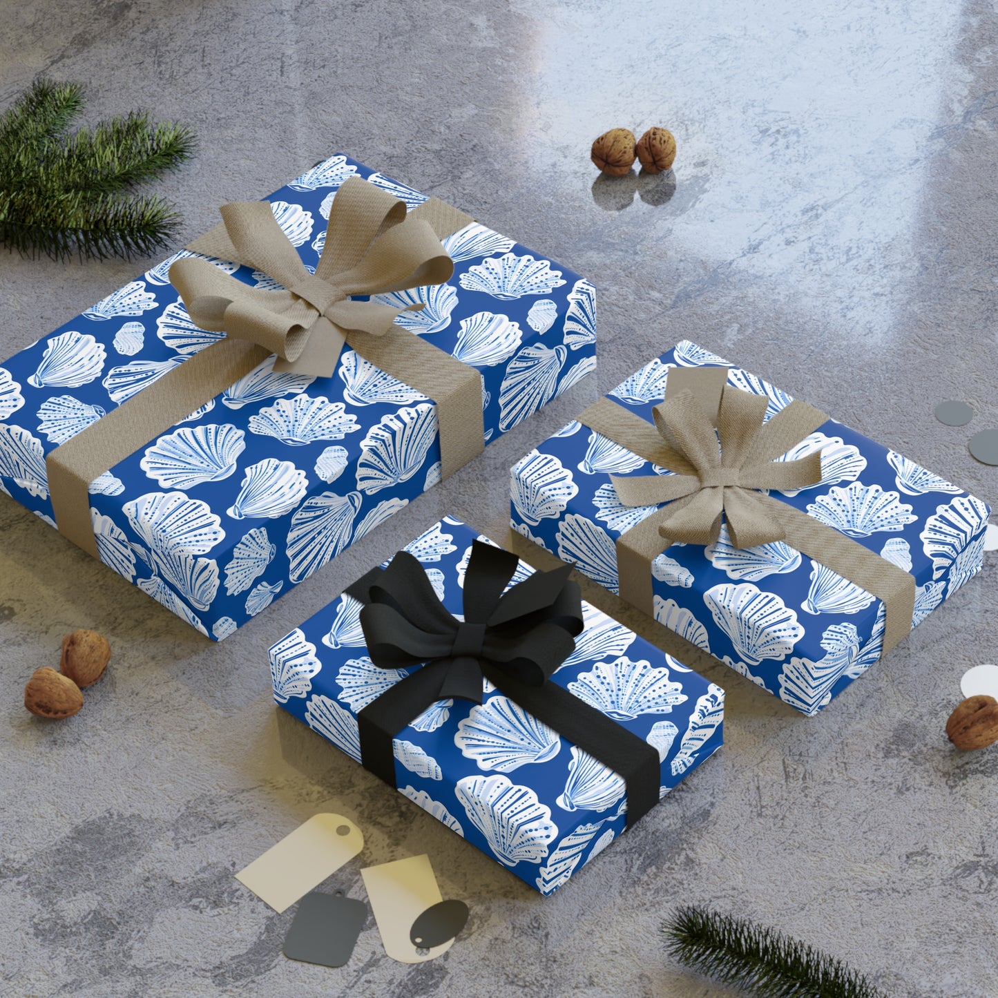 Seashell Pattern Gift Wrap Roll — Blue Coastal Wrapping Paper