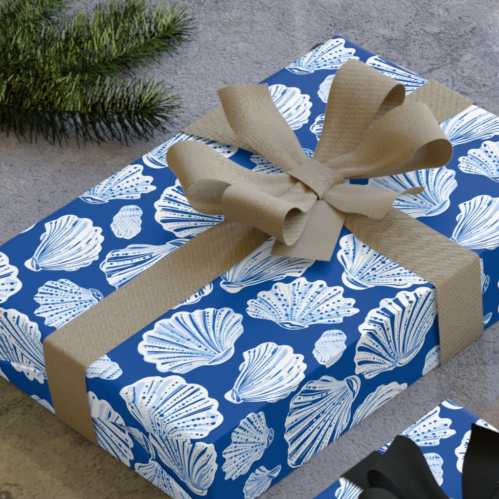 Seashell Pattern Gift Wrap Roll — Blue Coastal Wrapping Paper