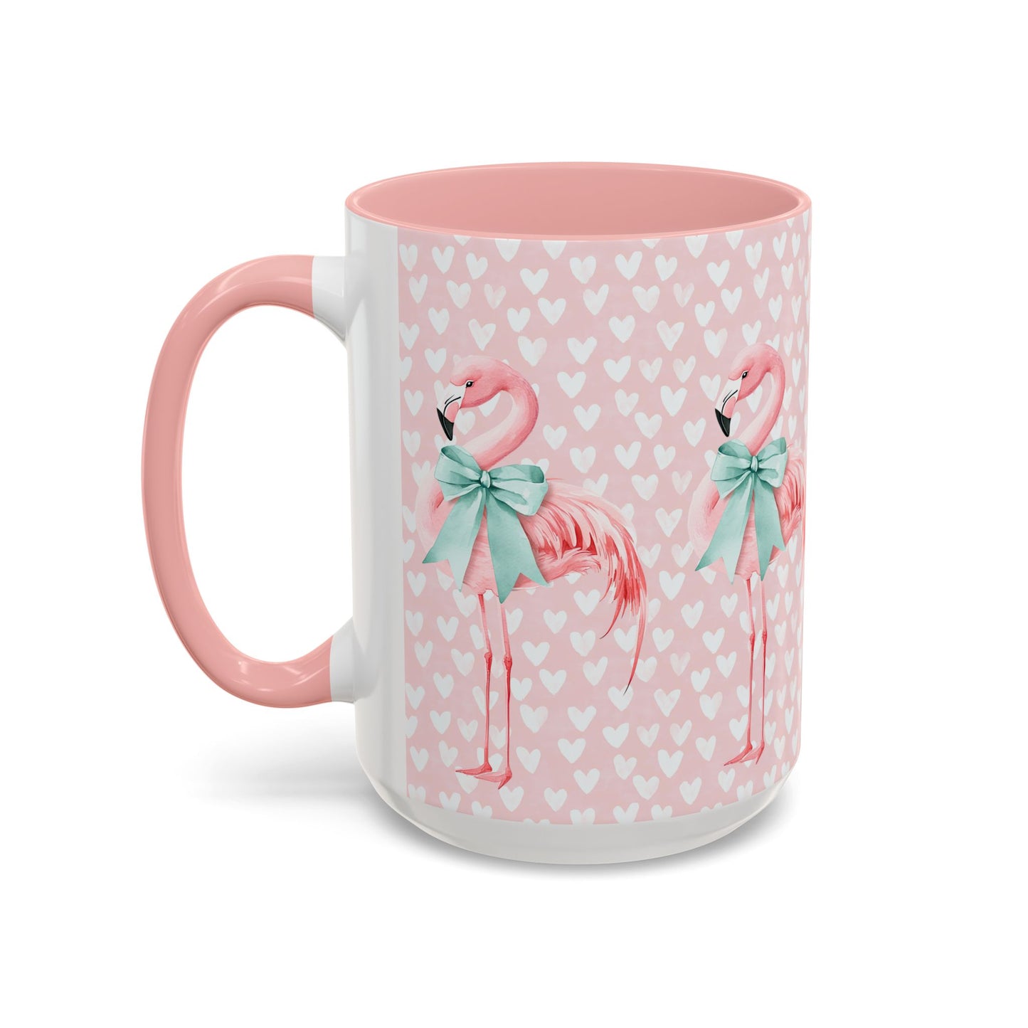 Pink Flamingo Heart Pattern Accent Coffee Mug – Cute Valentine’s Day 11/15oz Ceramic