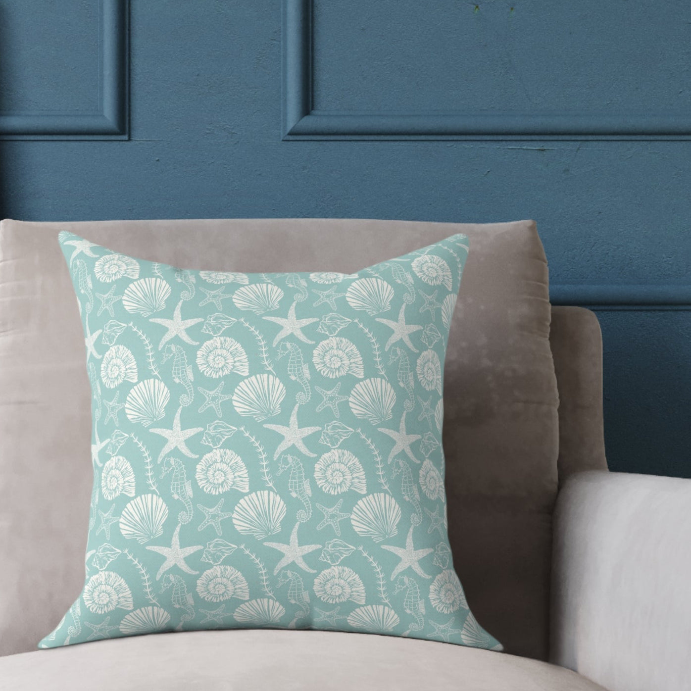Seashells & Starfish Coastal Throw Pillow — Aqua Beach Pattern