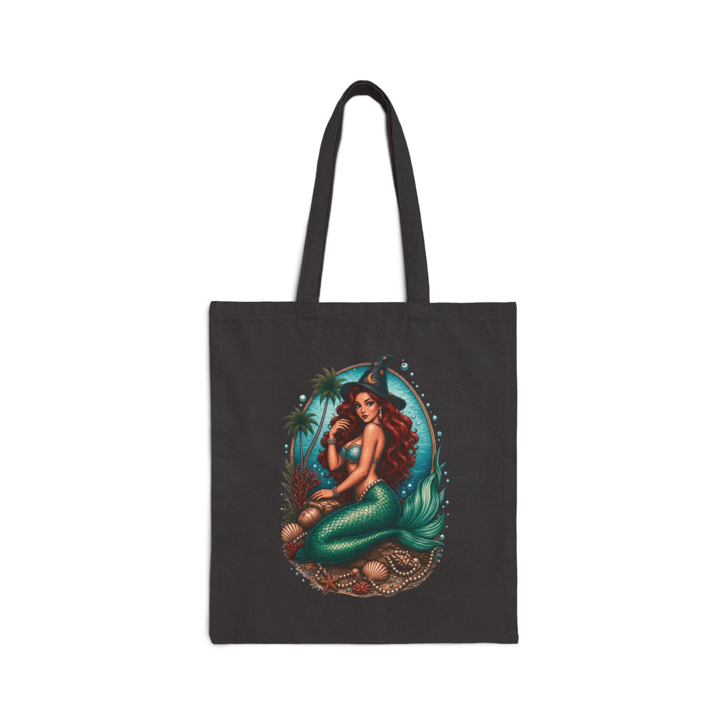 Halloween Mermaid Witch Black Cotton Tote Bag