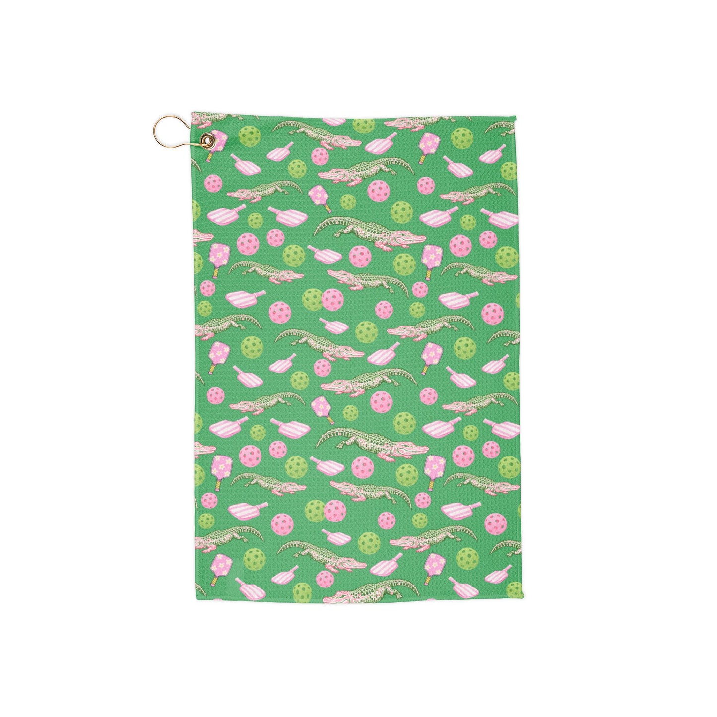 Floral Golf Towel — Green Pink Golf Ball & Tee Pattern with Grommet