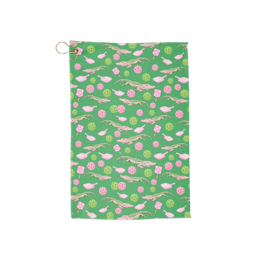 Floral Golf Towel — Green Pink Golf Ball & Tee Pattern with Grommet