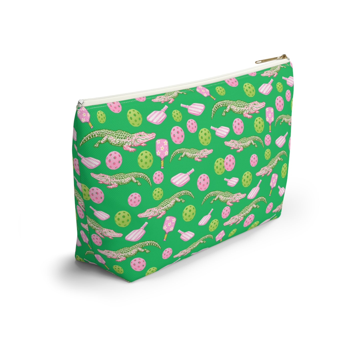 Alligator & Pickleball Paddle Pattern Accessory Pouch — Green T‑Bottom Cosmetic Bag