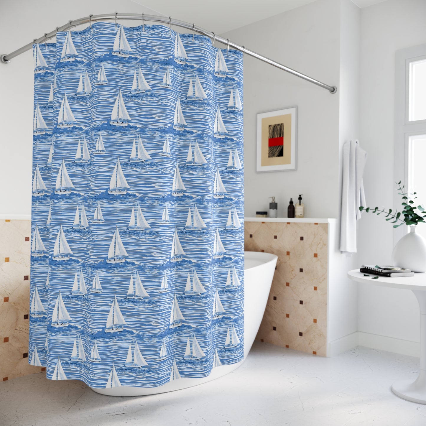 Sailboat Pattern Shower Curtain – Nautical Blue Ocean Bathroom Décor