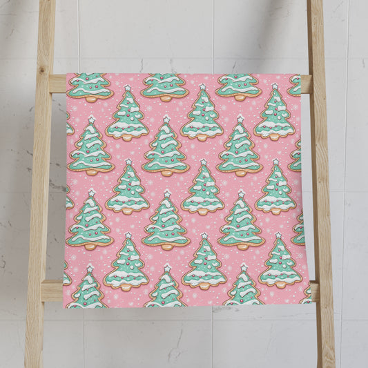 Christmas Tree Pattern Hand Towel — Pink Holiday Kitchen & Bath Decor