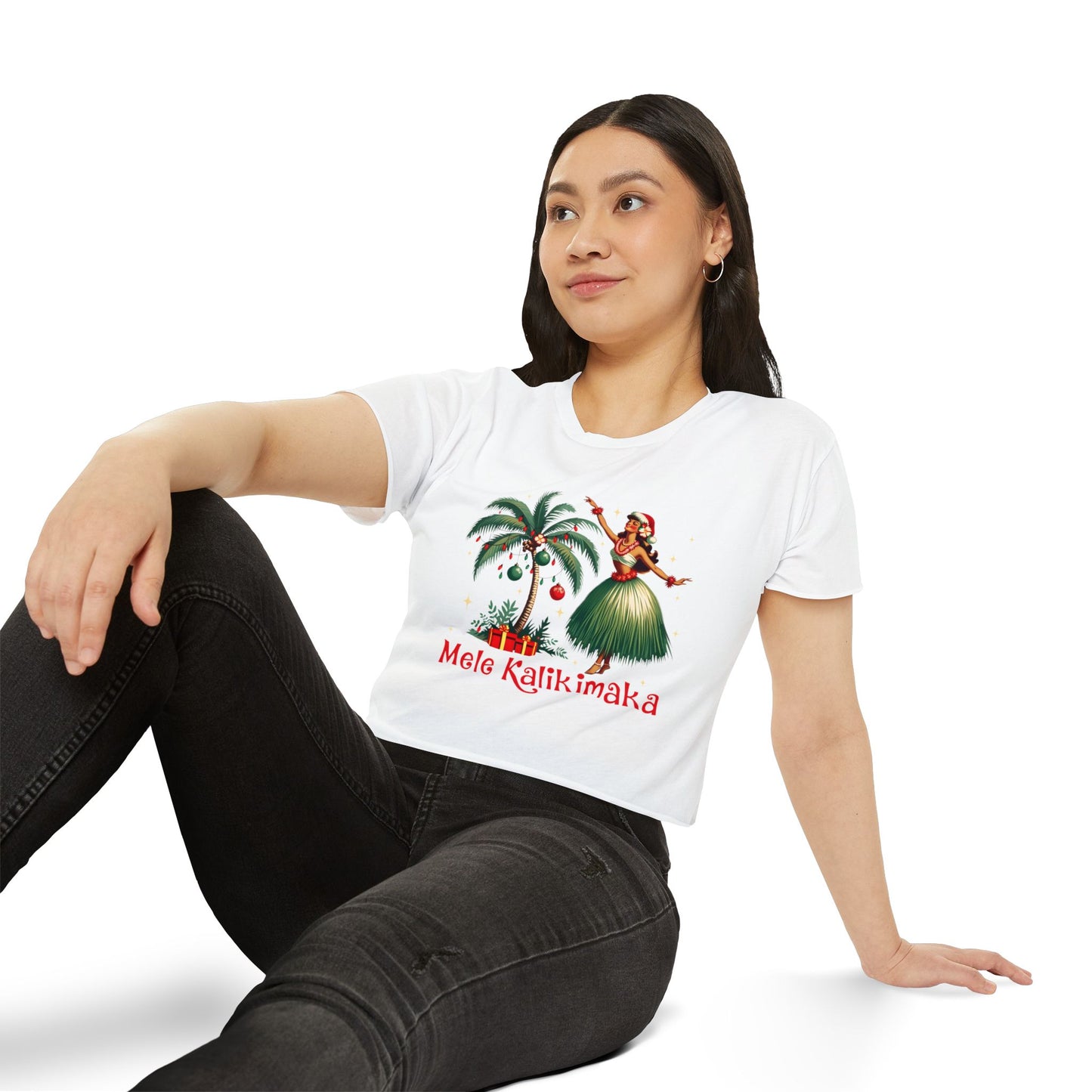 Aloha Christmas Retro Hawaiian Style Mele Kalikimaka Hula Girl Crop Top T-Shirt