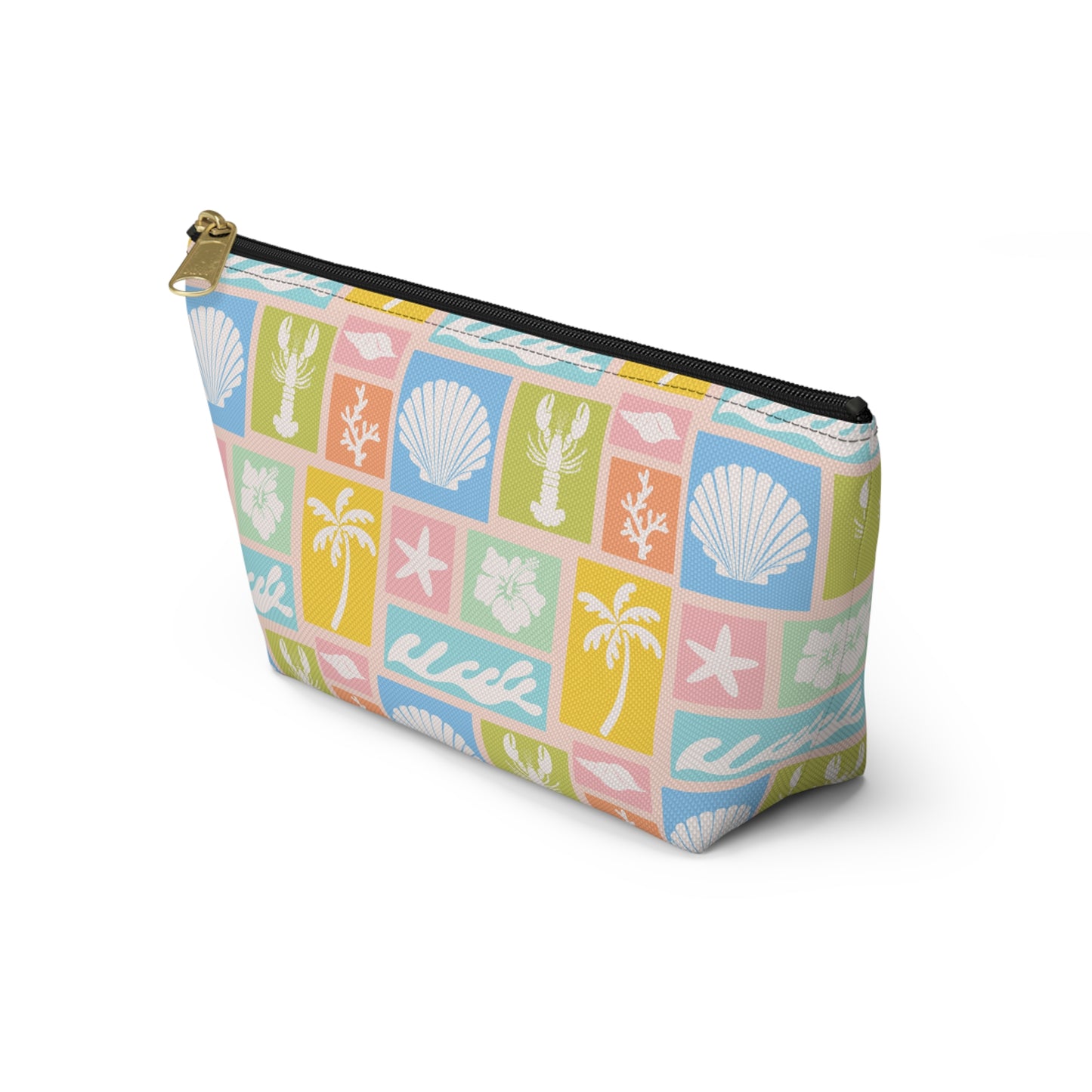 Seaside Patchwork Accessory Pouch — Pastel Beach Shell & Palm Makeup Bag