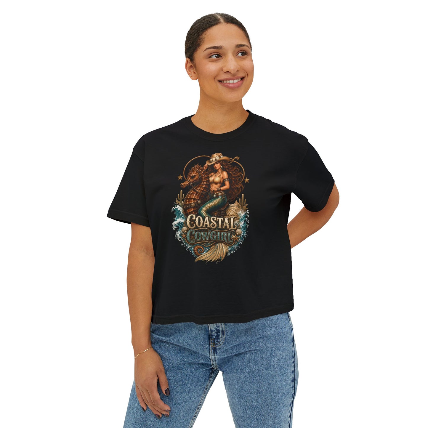 Coastal Cowgirl Women's Boxy Tee — Graphic Mermaid Cowgirl Beach Shirt