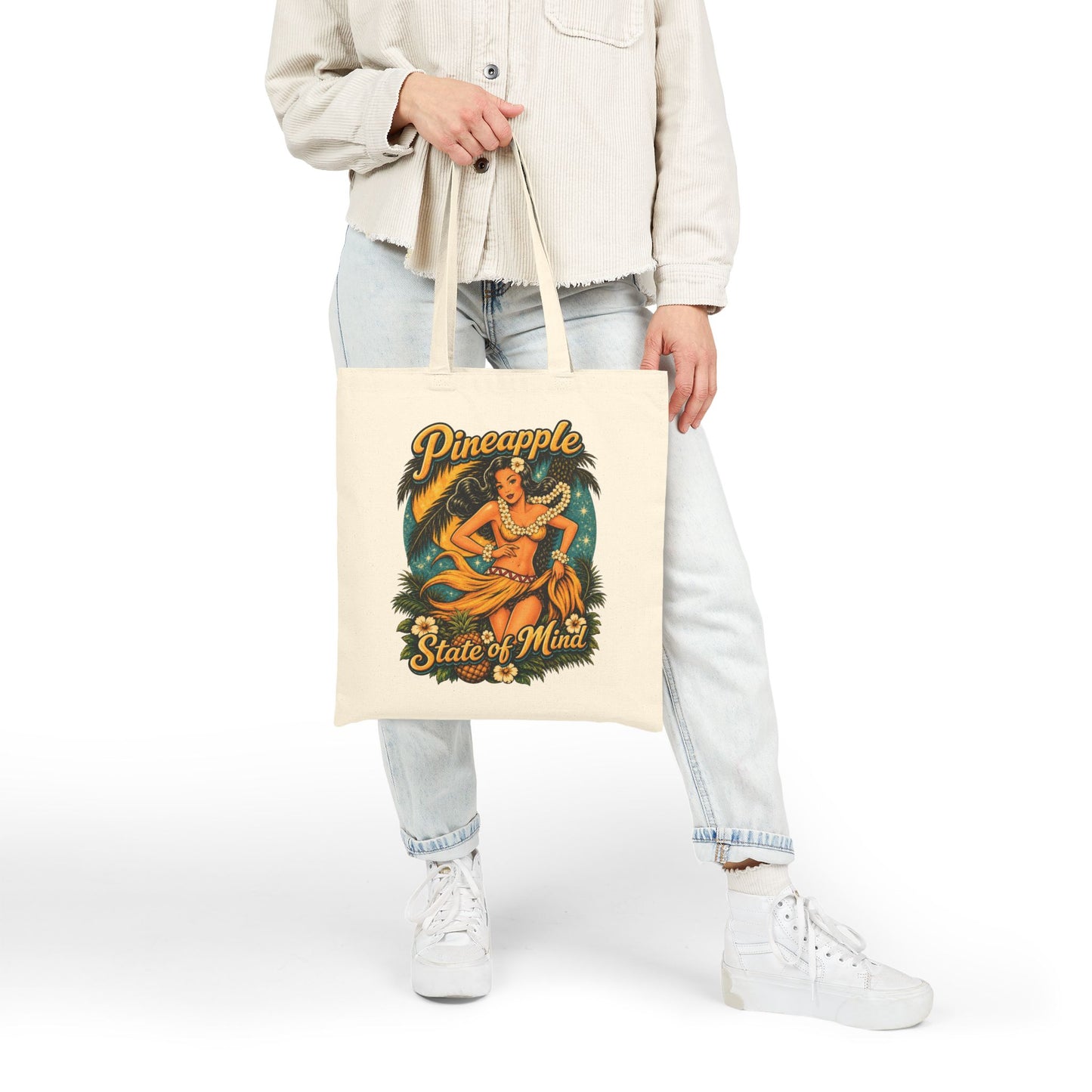 Pineapple Stat of Mind Tote Bag — Vintage Pineapple Hula Girl Canvas Tote Bag