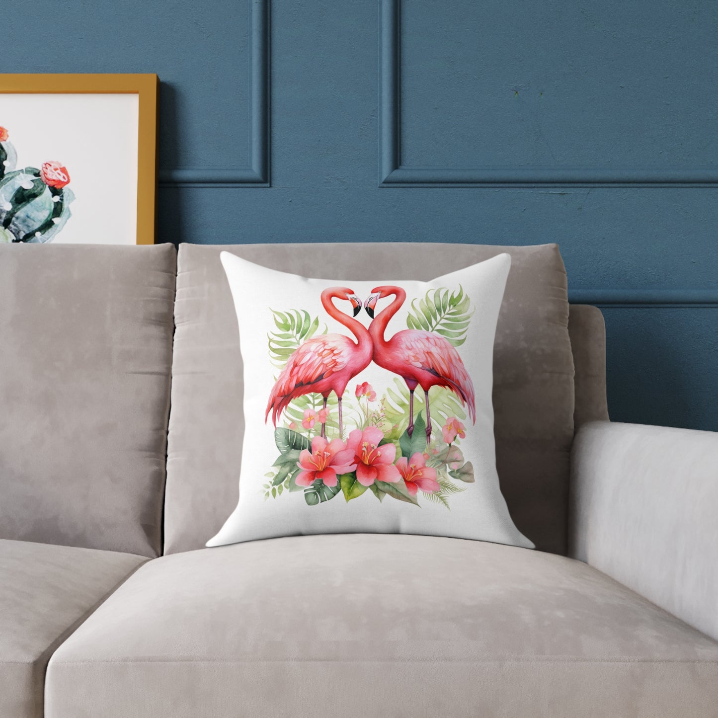 Flamingo Love Square Pillow — Tropical Hibiscus Decorative Throw Pillow