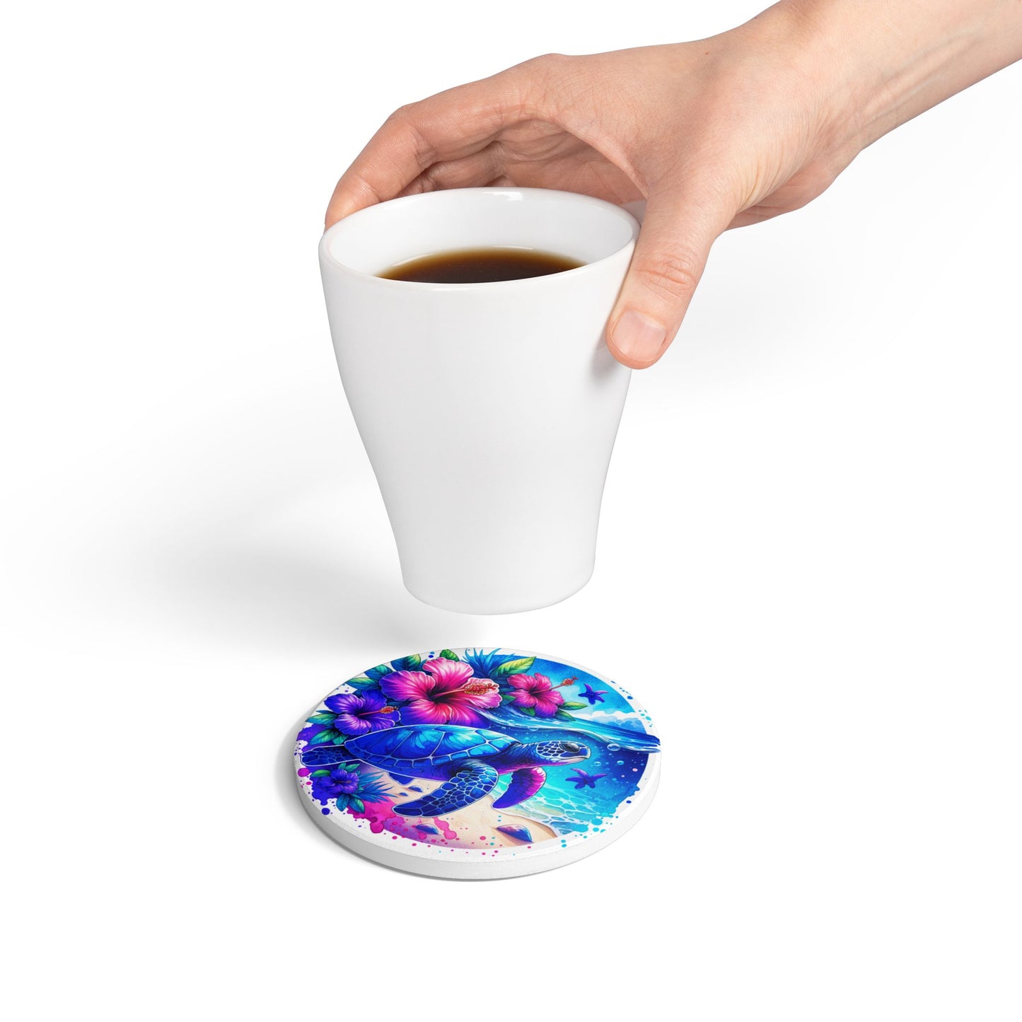 Sea Turtle Hibiscus Ceramic Coaster — Tropical Ocean Beach Drink Coaster