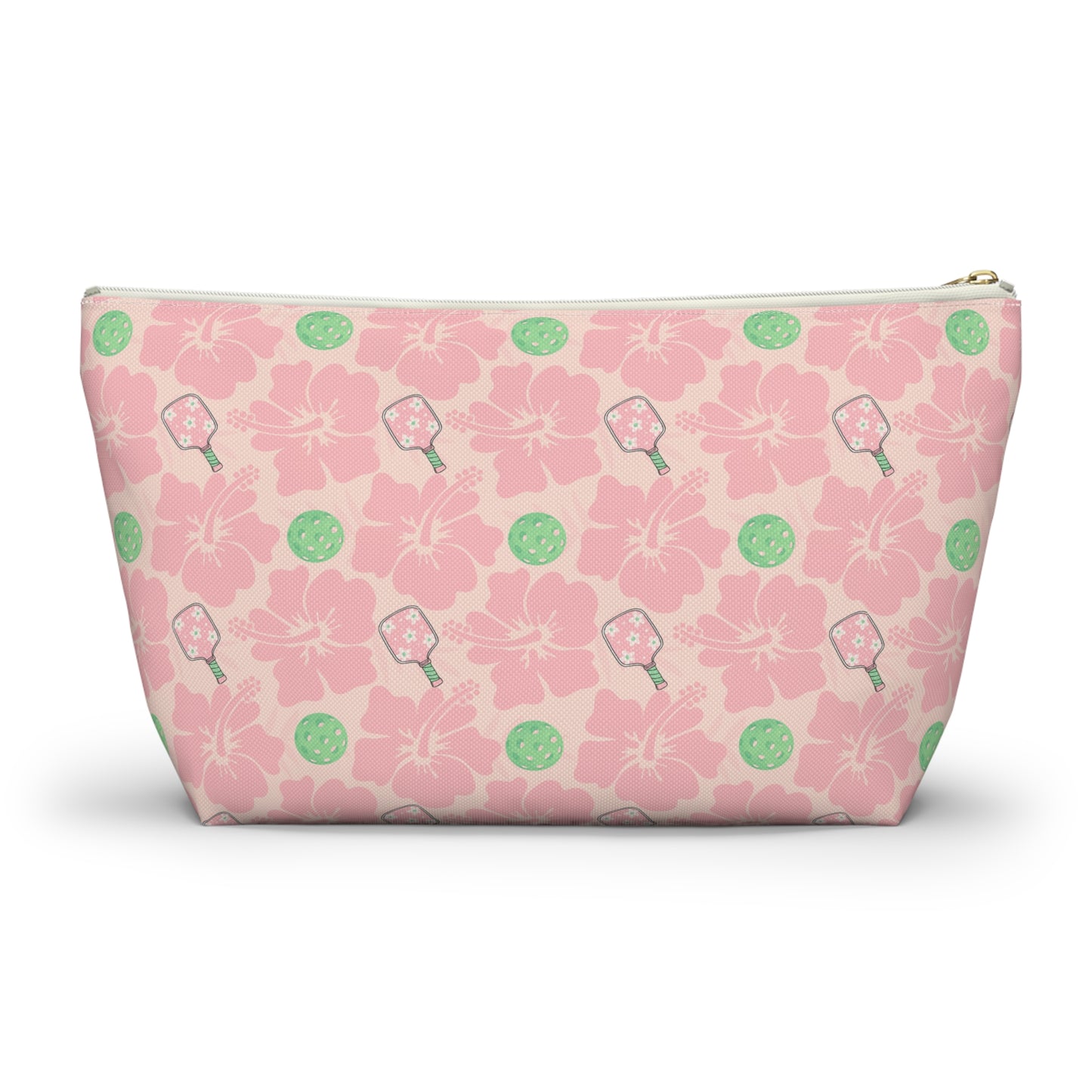 Pink Floral Pickleball Accessory Pouch — T‑Bottom Makeup Bag with Green Accents