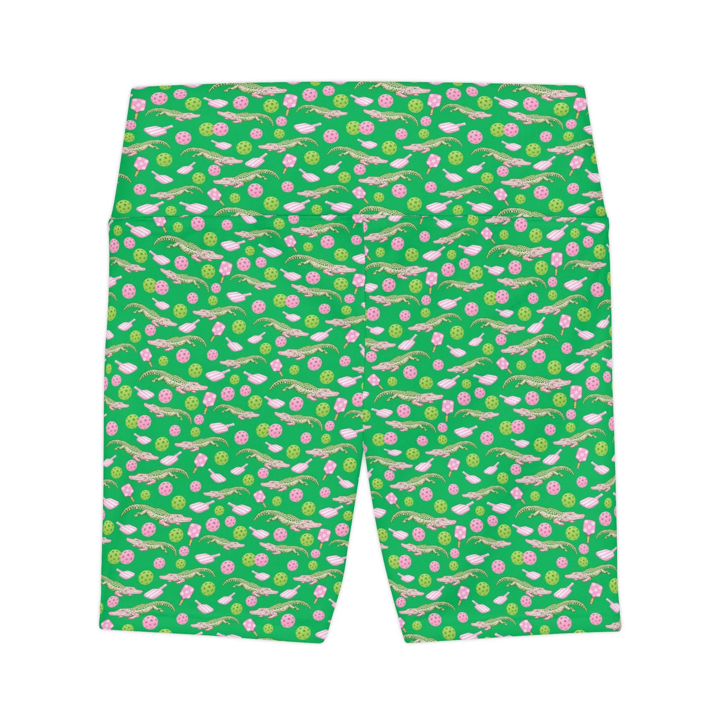 Green Alligator Pink Pickleball Print Bike Shorts – Women's High-Waist Workout Shorts