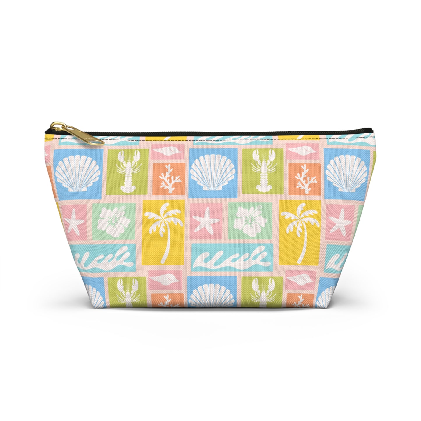 Seaside Patchwork Accessory Pouch — Pastel Beach Shell & Palm Makeup Bag