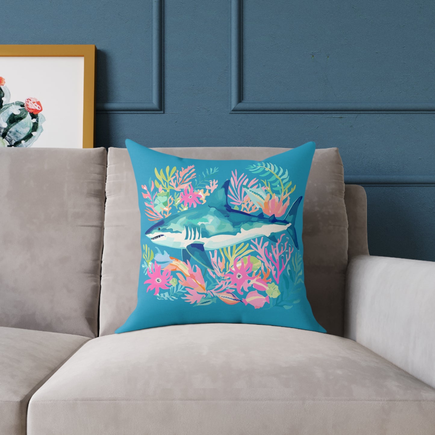 Shark Coral Square Throw Pillow — Tropical Ocean Floral Decorative Cushion