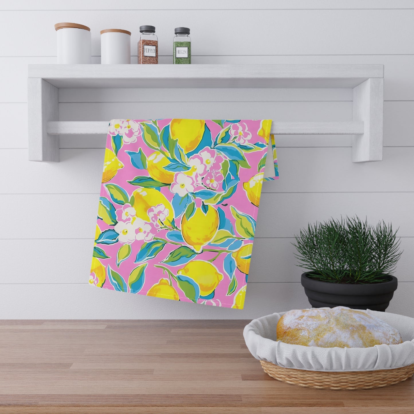 Lemon Blossom Tea Towel — Bright Pink Citrus Kitchen Towel