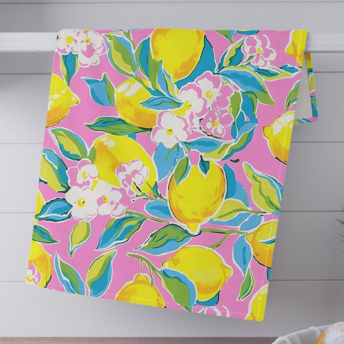 Lemon Blossom Tea Towel — Bright Pink Citrus Kitchen Towel