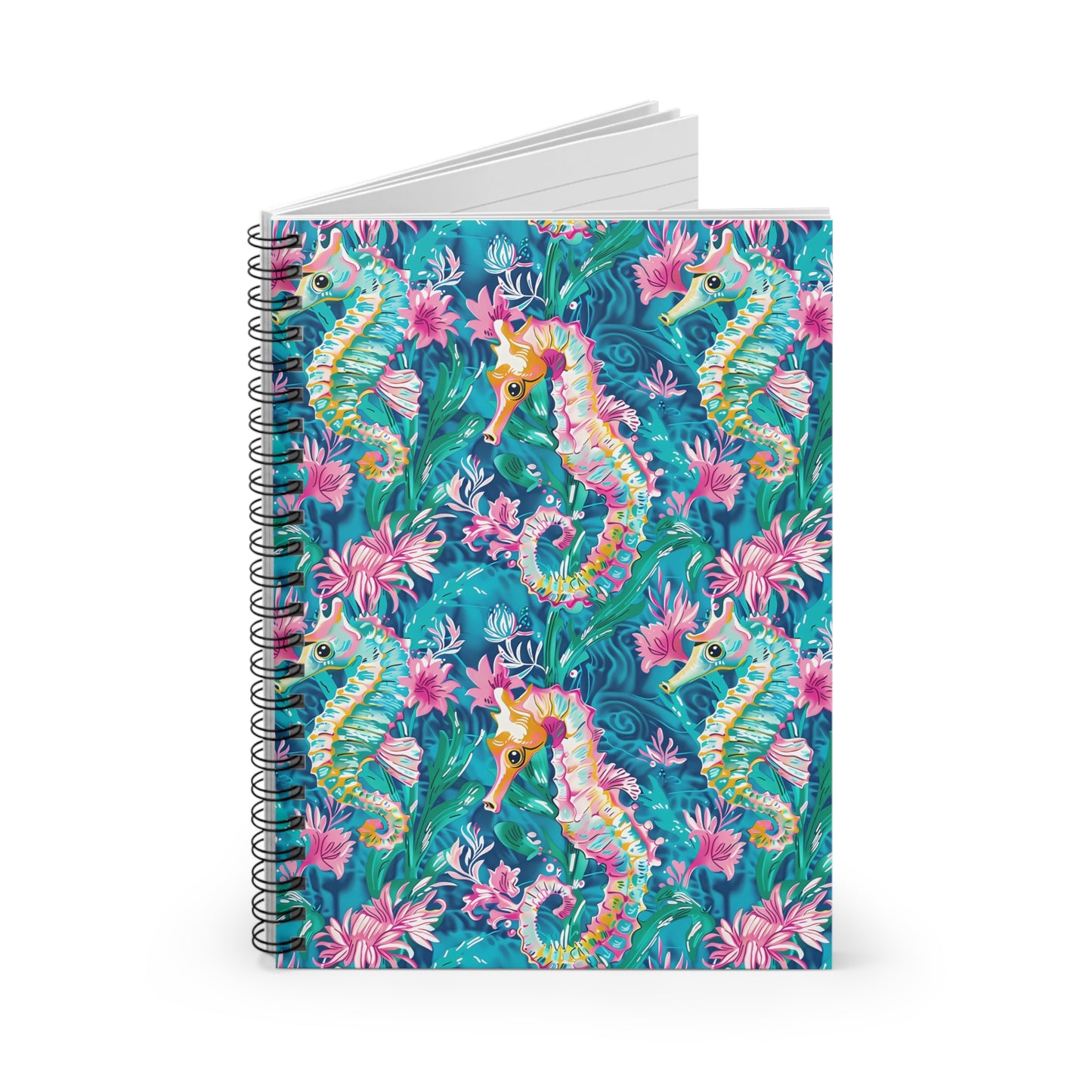 Blue Seahorse Floral Spiral Notebook — Ruled Journal for School & Beach Notes