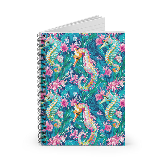 Blue Seahorse Floral Spiral Notebook — Ruled Journal for School & Beach Notes