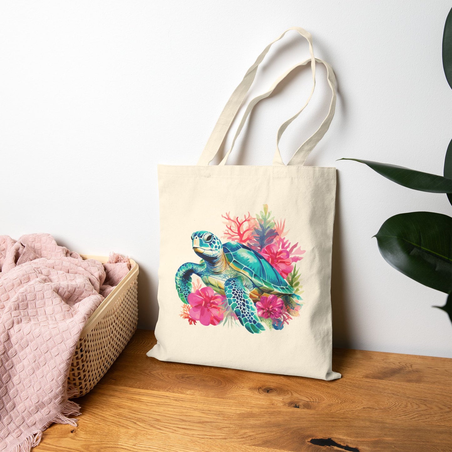 Sea Turtle Floral Canvas Tote — Eco-Friendly Beach Bag