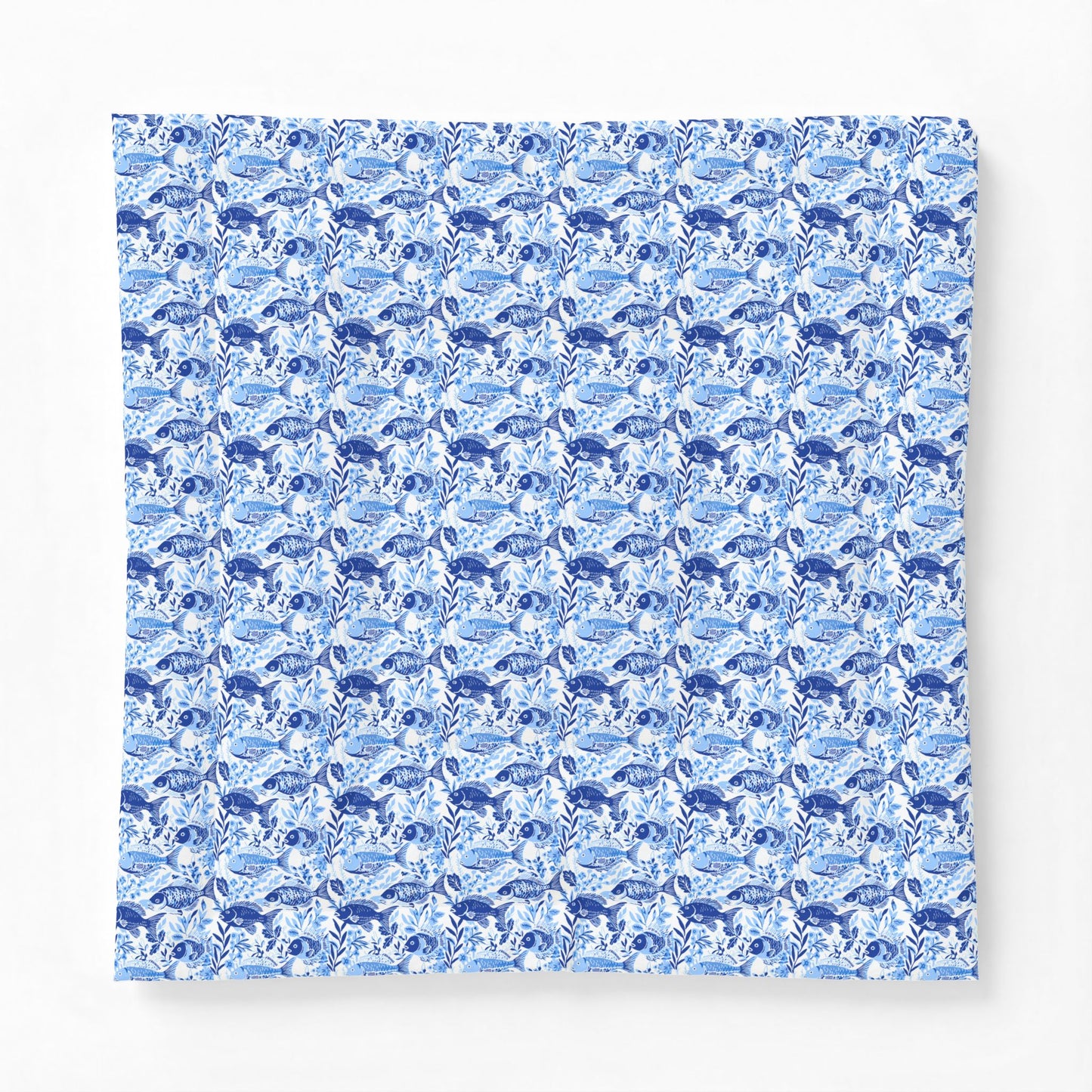 Blue Watercolor Fish Comforter — Lightweight Cotton Bedspread with Chinoiserie Style Floral Pattern