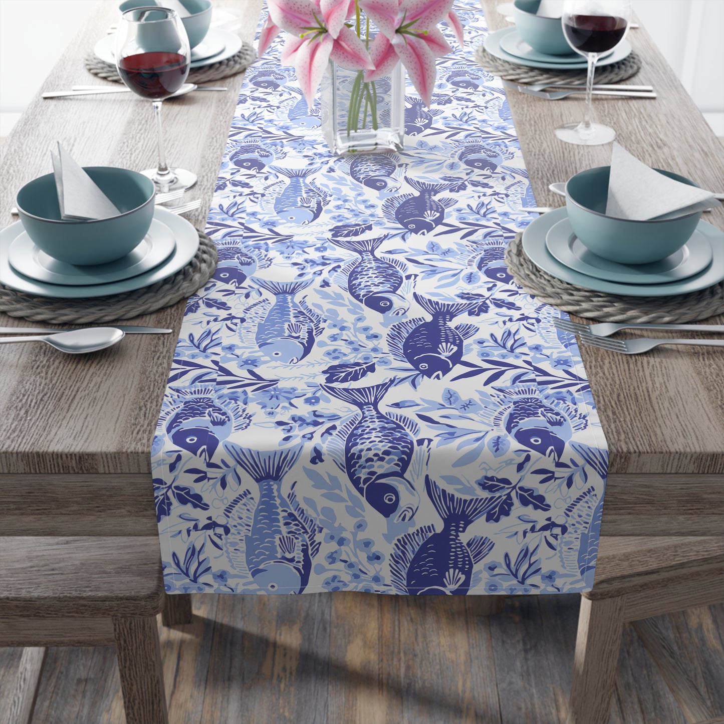 Blue Fish Pattern Navy Table Runner — Coastal Cotton-Poly Dining Decor