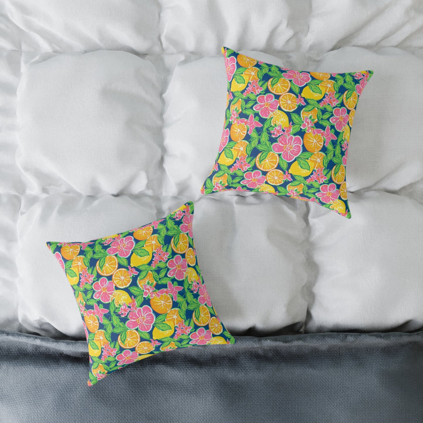 Citrus Blossom Square Pillow — Bright Tropical Floral Throw Cushion