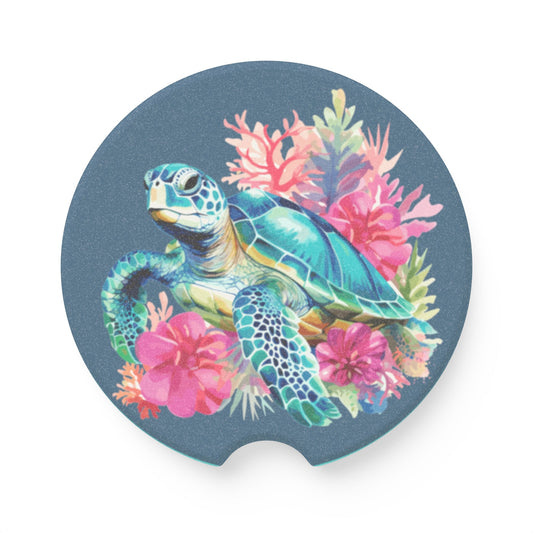 Sea Turtle Car Coaster — Coastal Floral Soapstone Cup Holder Insert