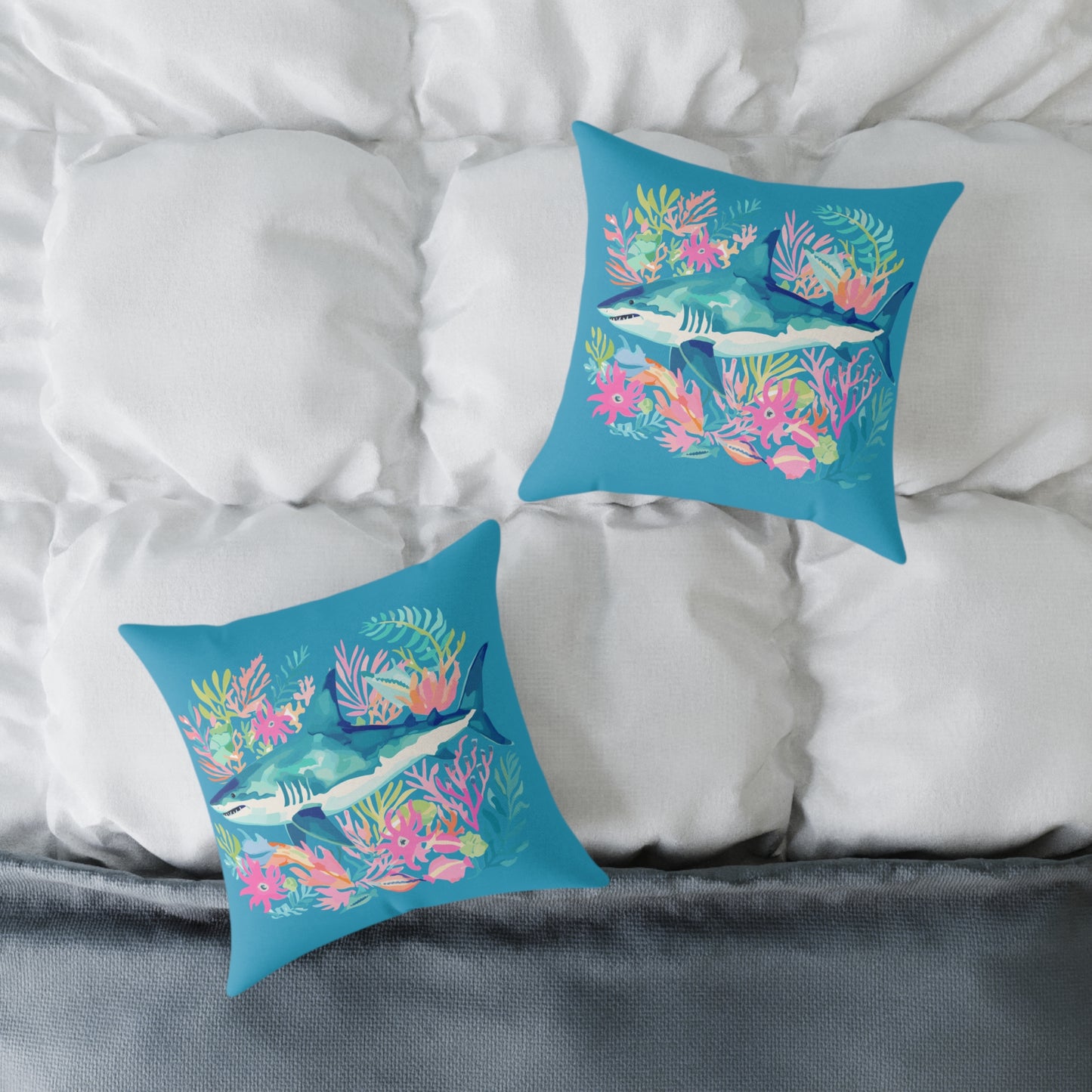 Shark Coral Square Throw Pillow — Tropical Ocean Floral Decorative Cushion