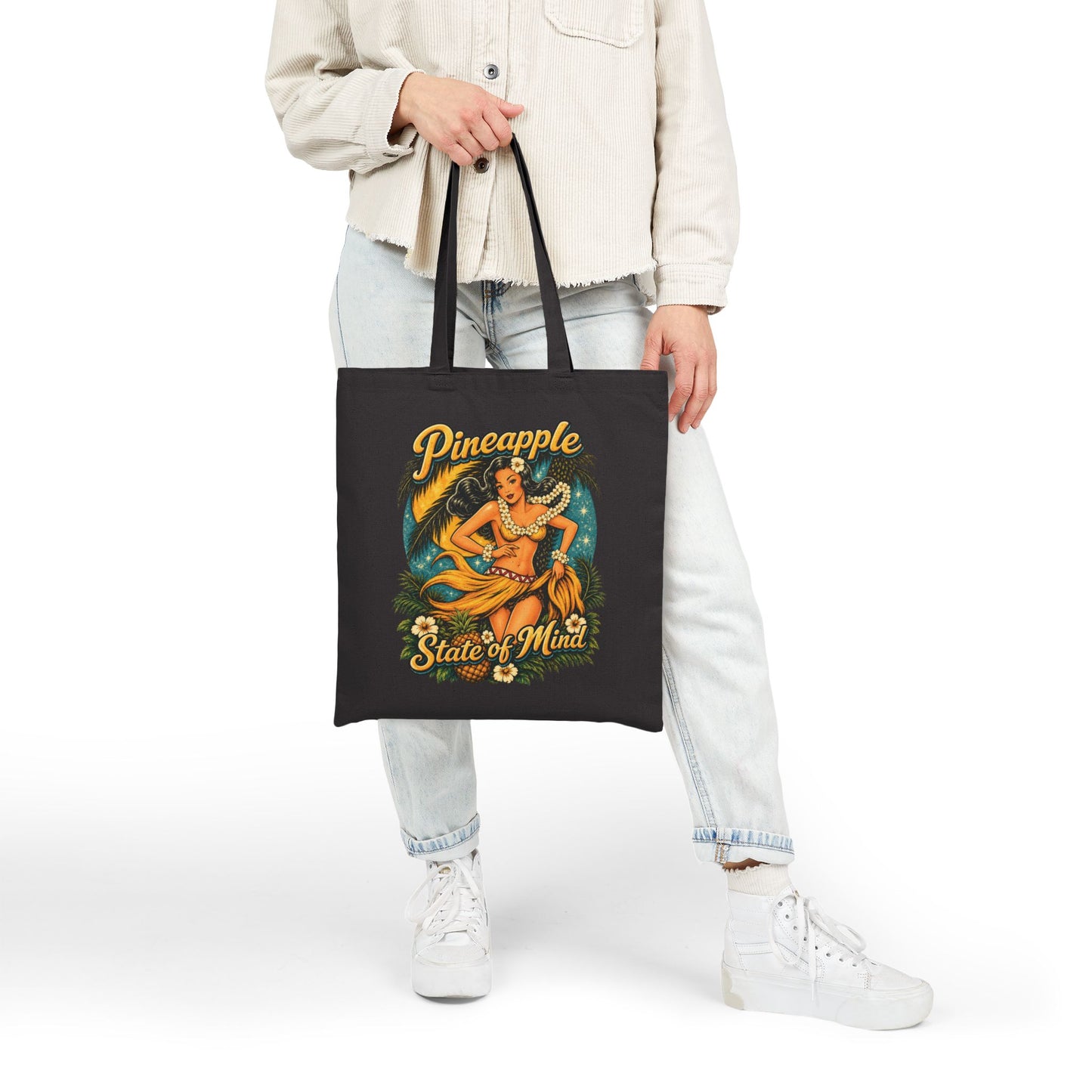 Pineapple Stat of Mind Tote Bag — Vintage Pineapple Hula Girl Canvas Tote Bag