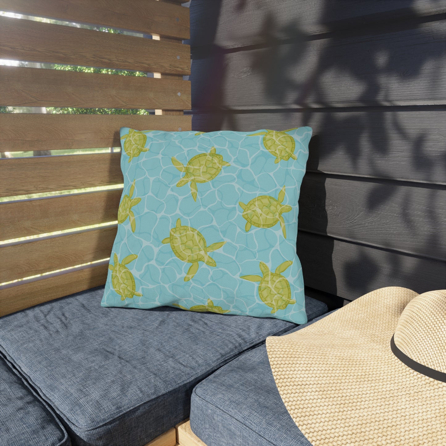 Sea Turtle Pool-Print Outdoor Pillow — Coastal Beach Patio Cushion