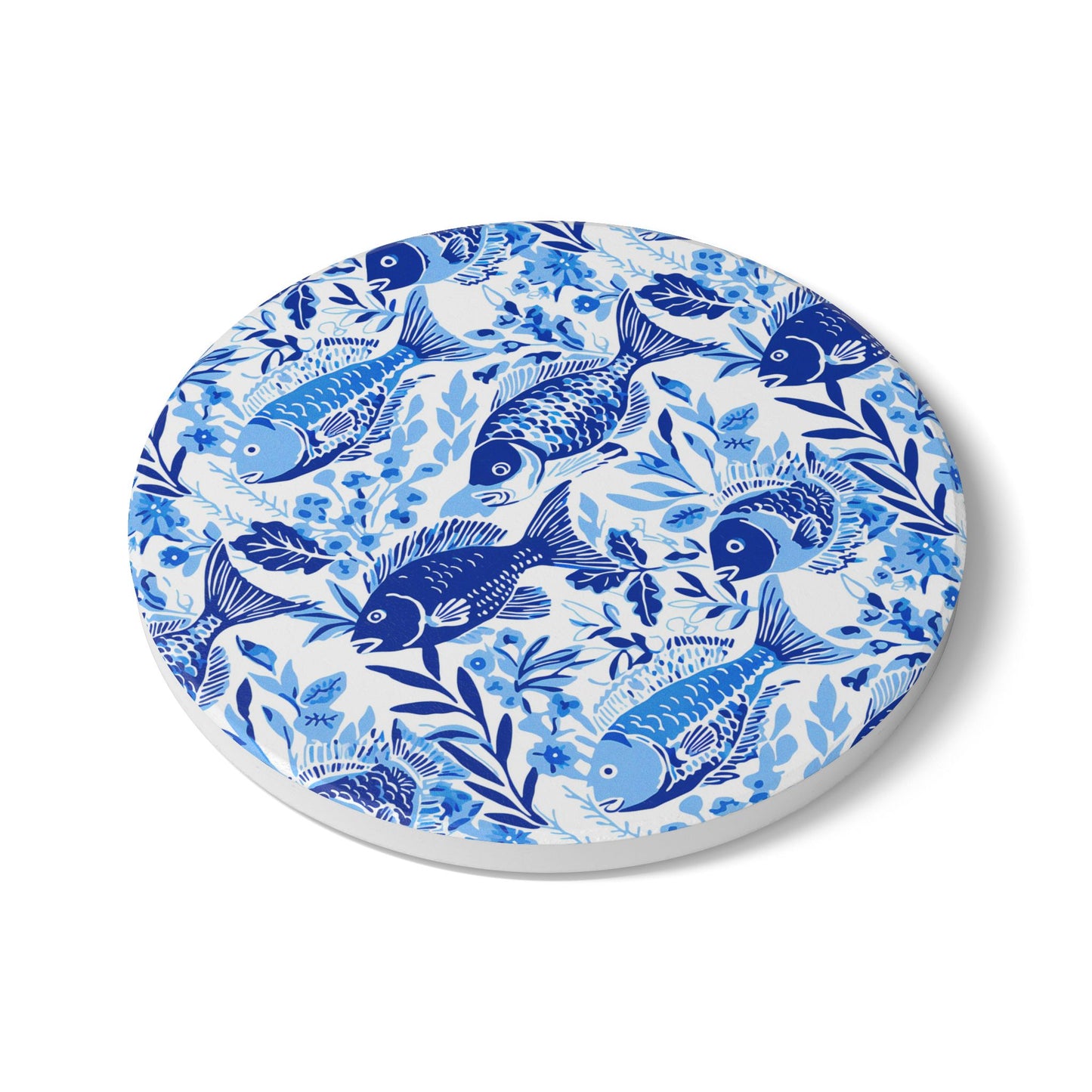 Blue Fish Toile Ceramic Coaster — Coastal Blue Seafood Pattern Drink Coaster