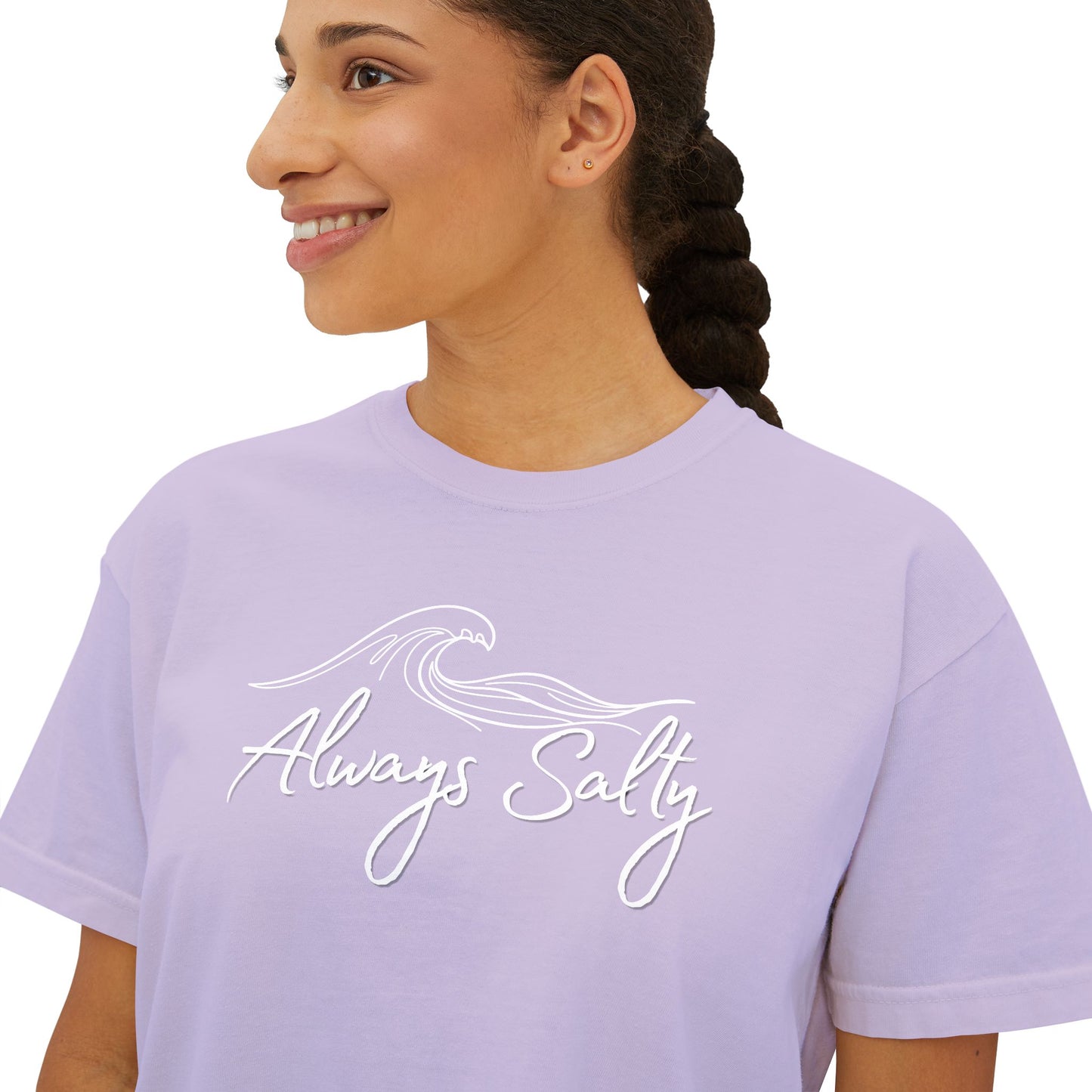 Women's Tee — "Always Salty" Wave Graphic Boxy Crop T-Shirt