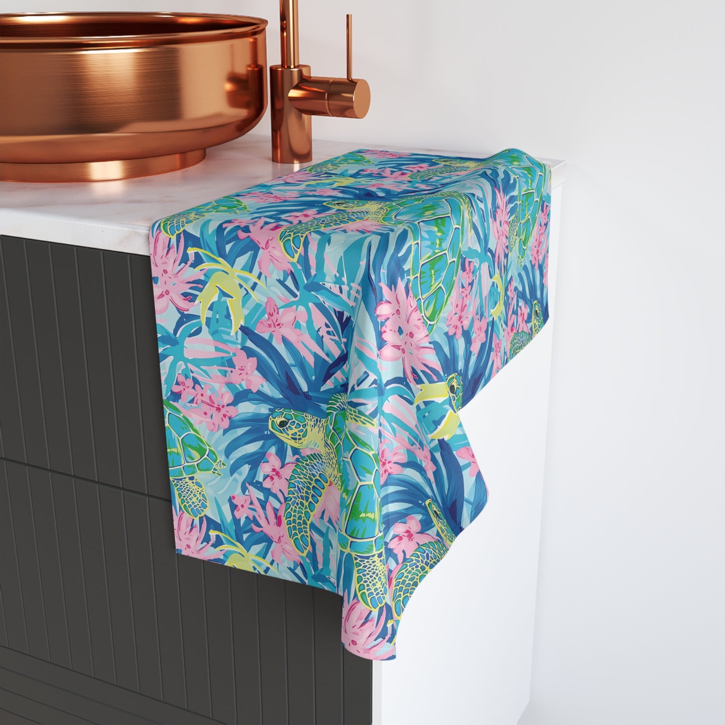 Tropical Turtle Hand Towel - Bright Sea Life Decor, Kitchen, Bathroom, Gift for Beach Lovers, Nautical Home Accent