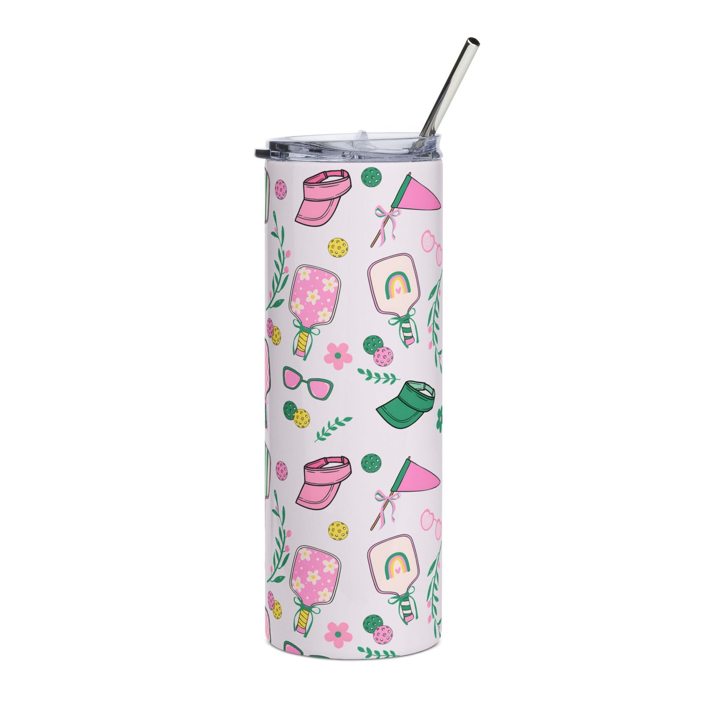 20oz Tumbler — Pink Pickleball Paddle Pattern Stainless Steel Travel Cup