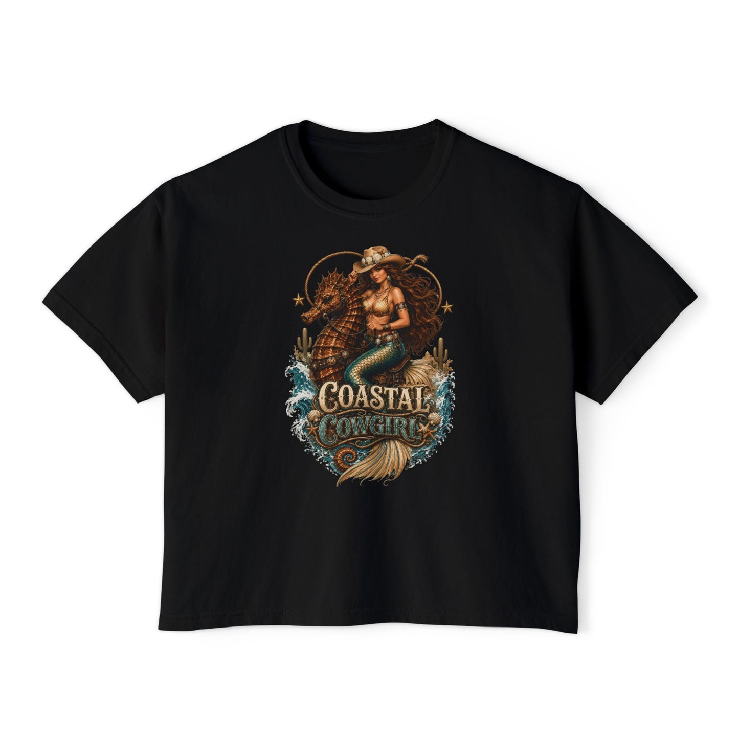 Coastal Cowgirl Women's Boxy Tee — Graphic Mermaid Cowgirl Beach Shirt