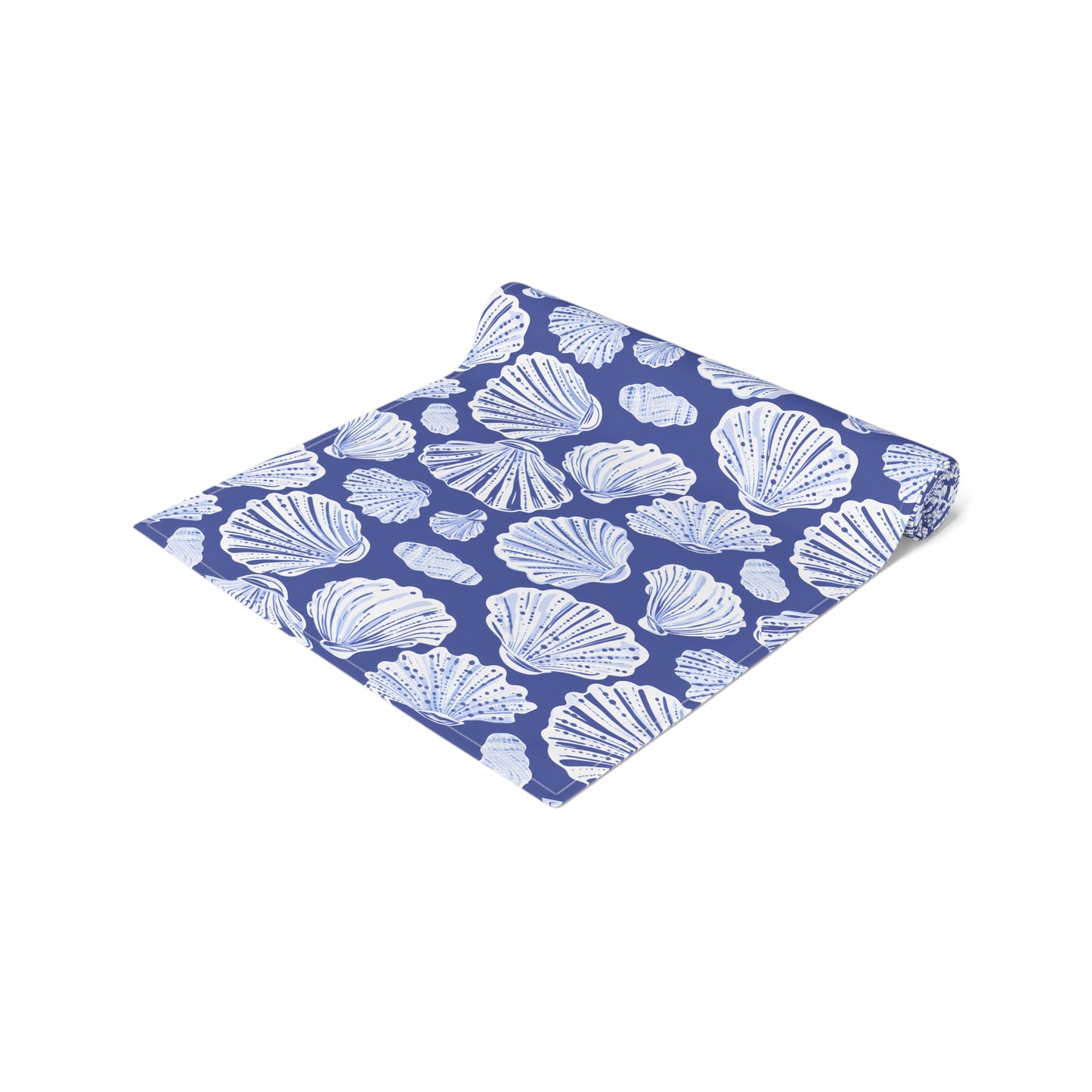 Coastal Seashell Navy Blue Table Runner — Cotton-Blend Beach Dining Decor