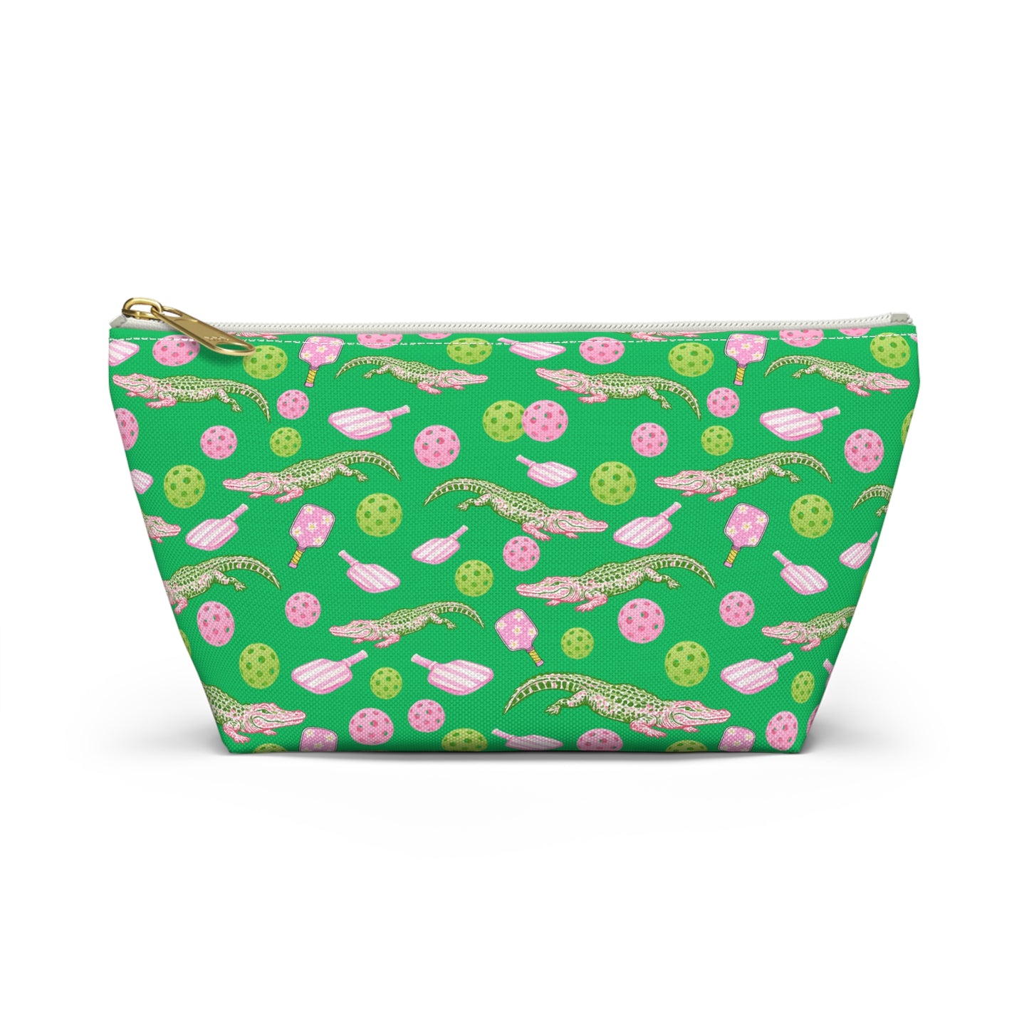 Alligator & Pickleball Paddle Pattern Accessory Pouch — Green T‑Bottom Cosmetic Bag
