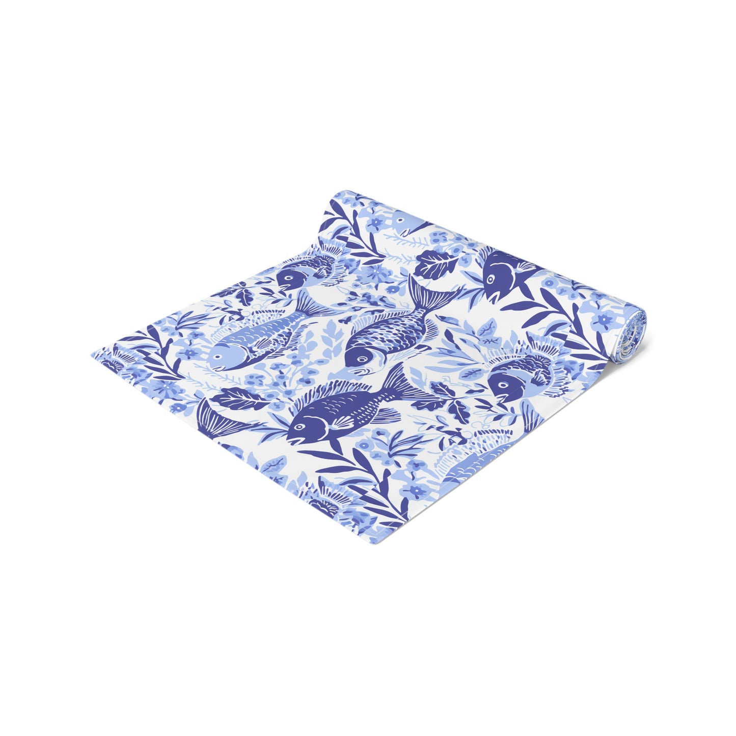 Blue Fish Pattern Navy Table Runner — Coastal Cotton-Poly Dining Decor