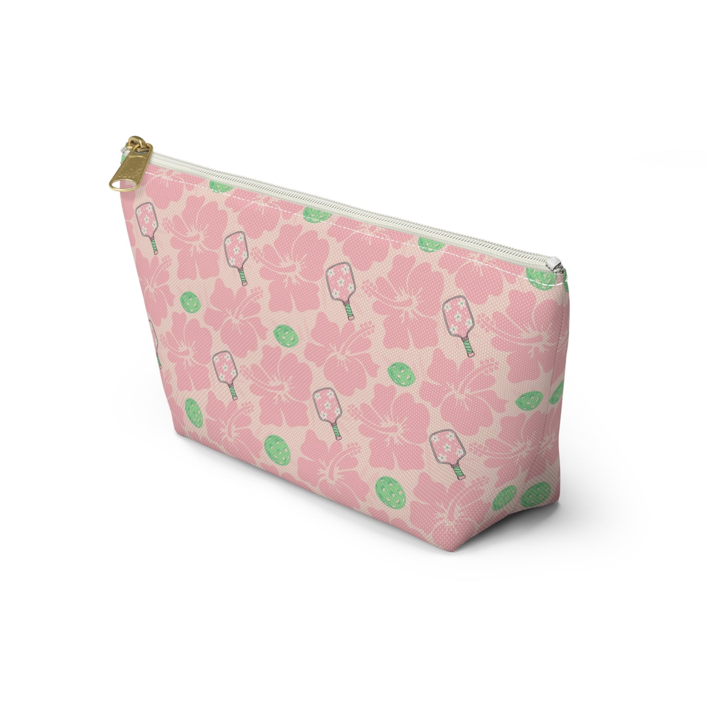 Pink Floral Pickleball Accessory Pouch — T‑Bottom Makeup Bag with Green Accents