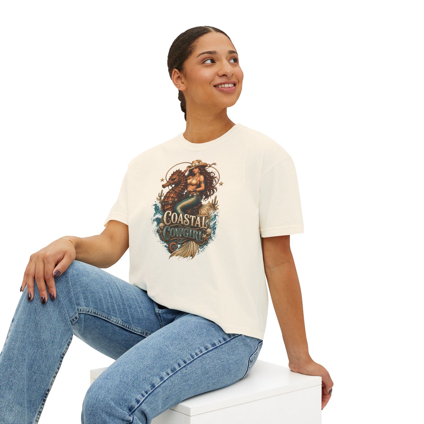 Coastal Cowgirl Women's Boxy Tee — Graphic Mermaid Cowgirl Beach Shirt