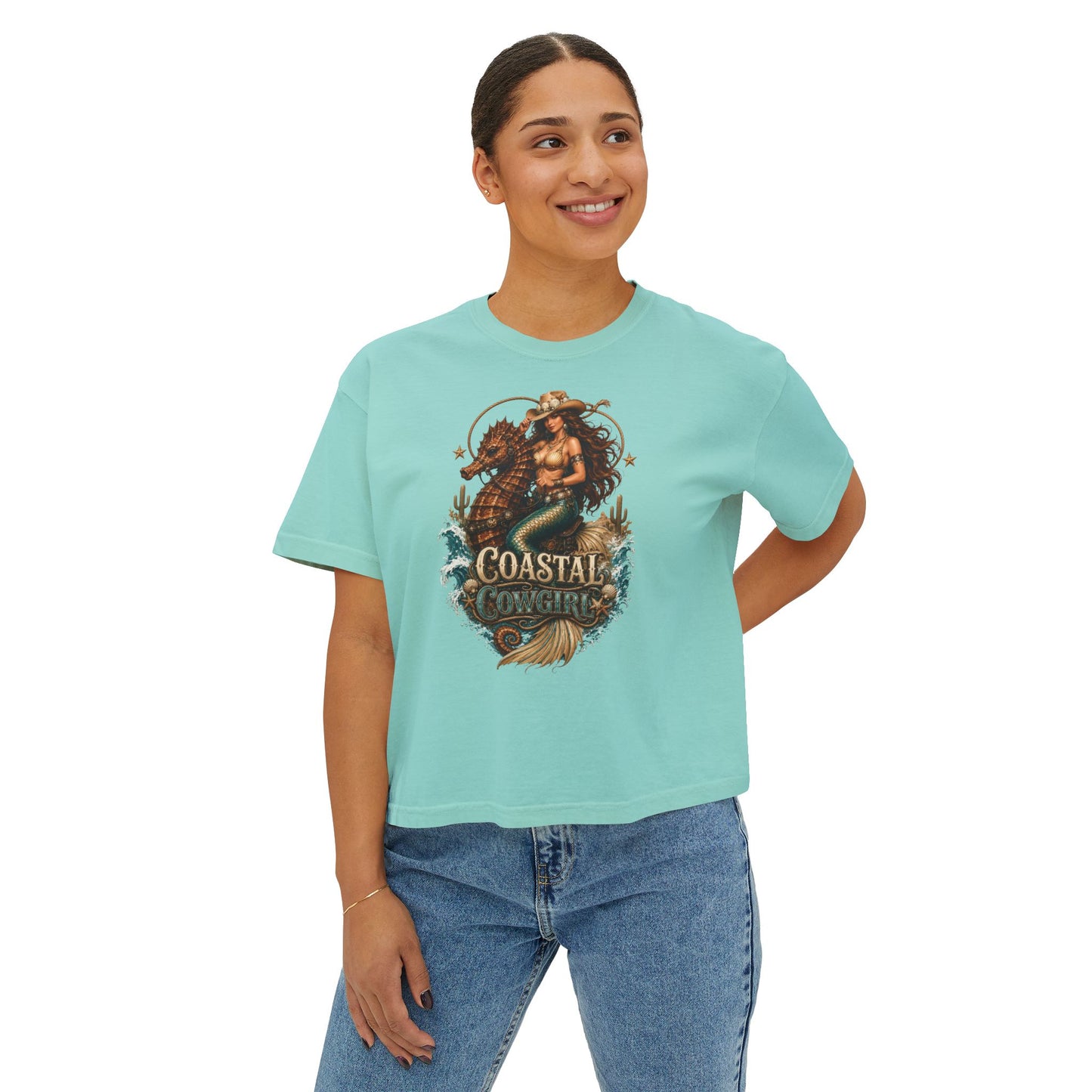 Coastal Cowgirl Women's Boxy Tee — Graphic Mermaid Cowgirl Beach Shirt