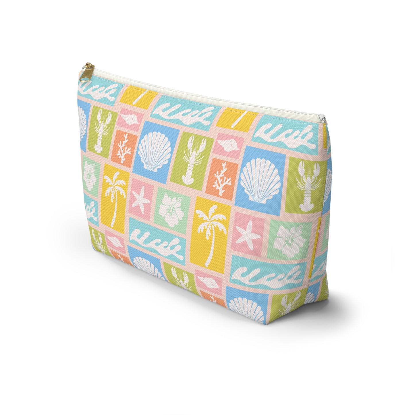 Seaside Patchwork Accessory Pouch — Pastel Beach Shell & Palm Makeup Bag