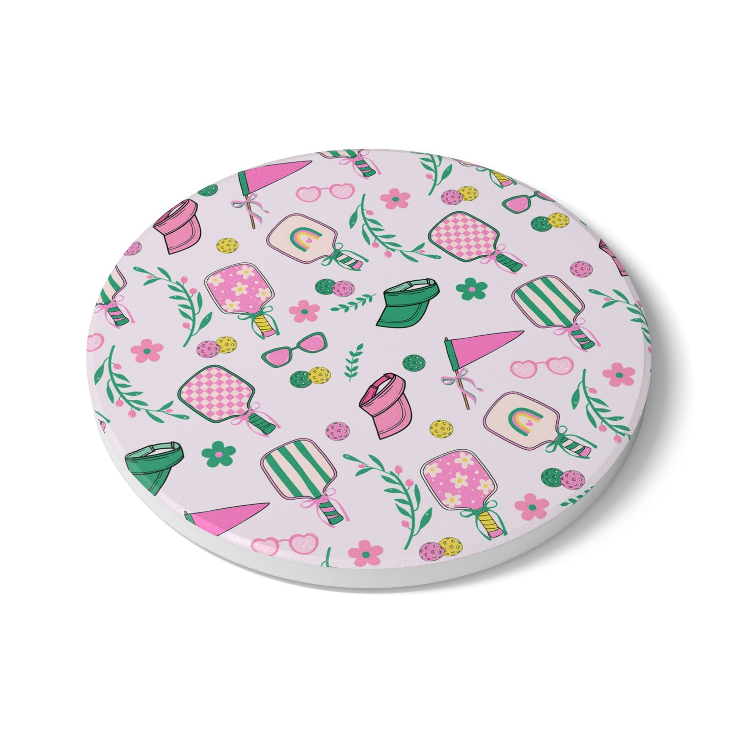 Preppy Pink Pickle Ball Ceramic Coaster — Retro Summer Pattern