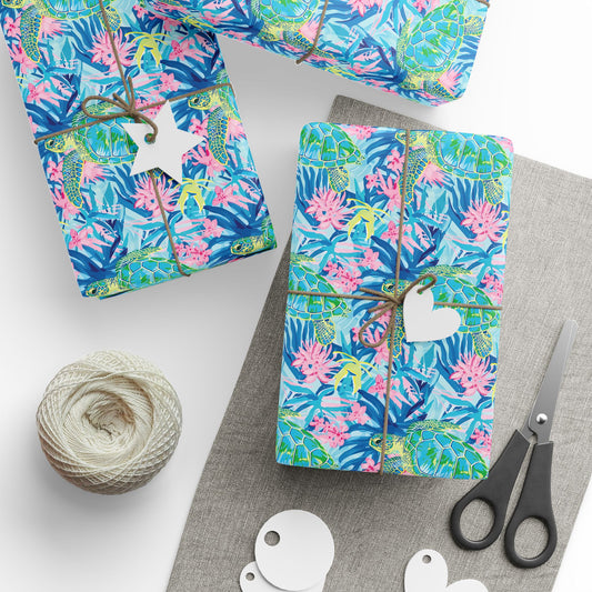 Tropical Floral and Sea Turtle Wrapping Paper, Vibrant Gift Wrap, Eco-Friendly Wrapping, Birthday, Holiday, Party Decor