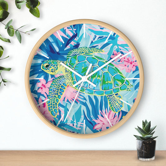 Colorful Coastal Clock, Turtle Wall Clock, Tropical Decor, Beach House Wall Art, Nautical Gift, Sea Turtle Home Decor