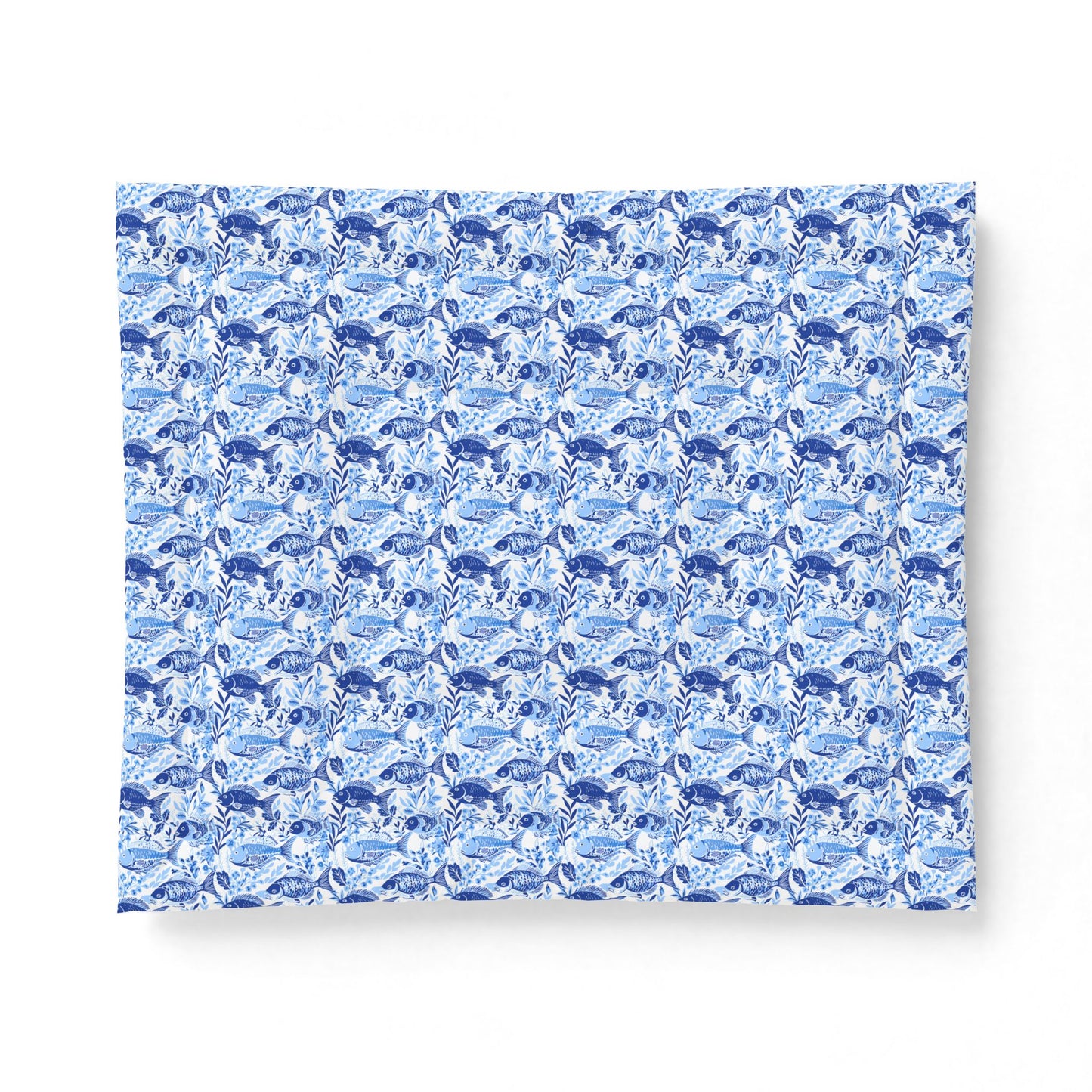 Blue Watercolor Fish Comforter — Lightweight Cotton Bedspread with Chinoiserie Style Floral Pattern