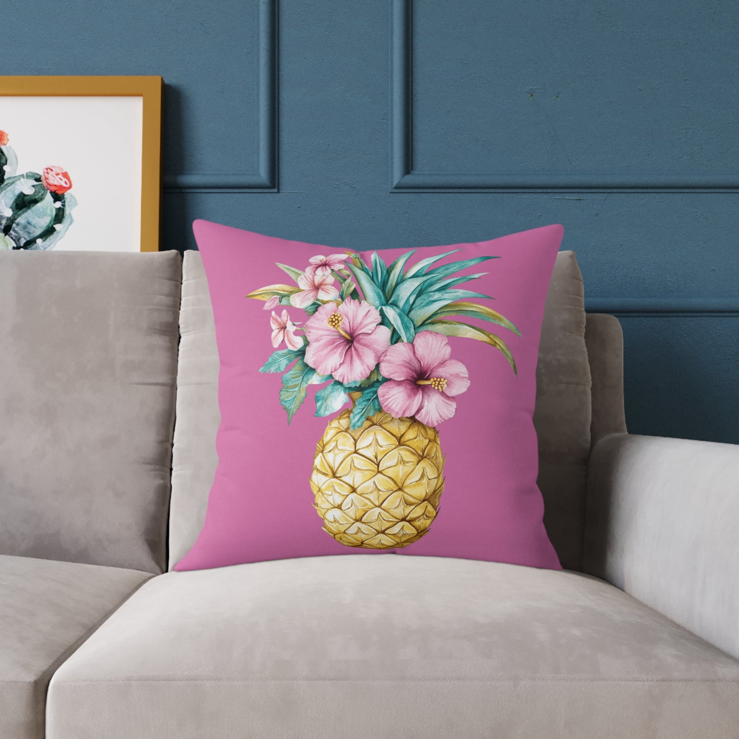 Pineapple Hibiscus Square Pillow — Tropical Floral Decorative Throw Pillow